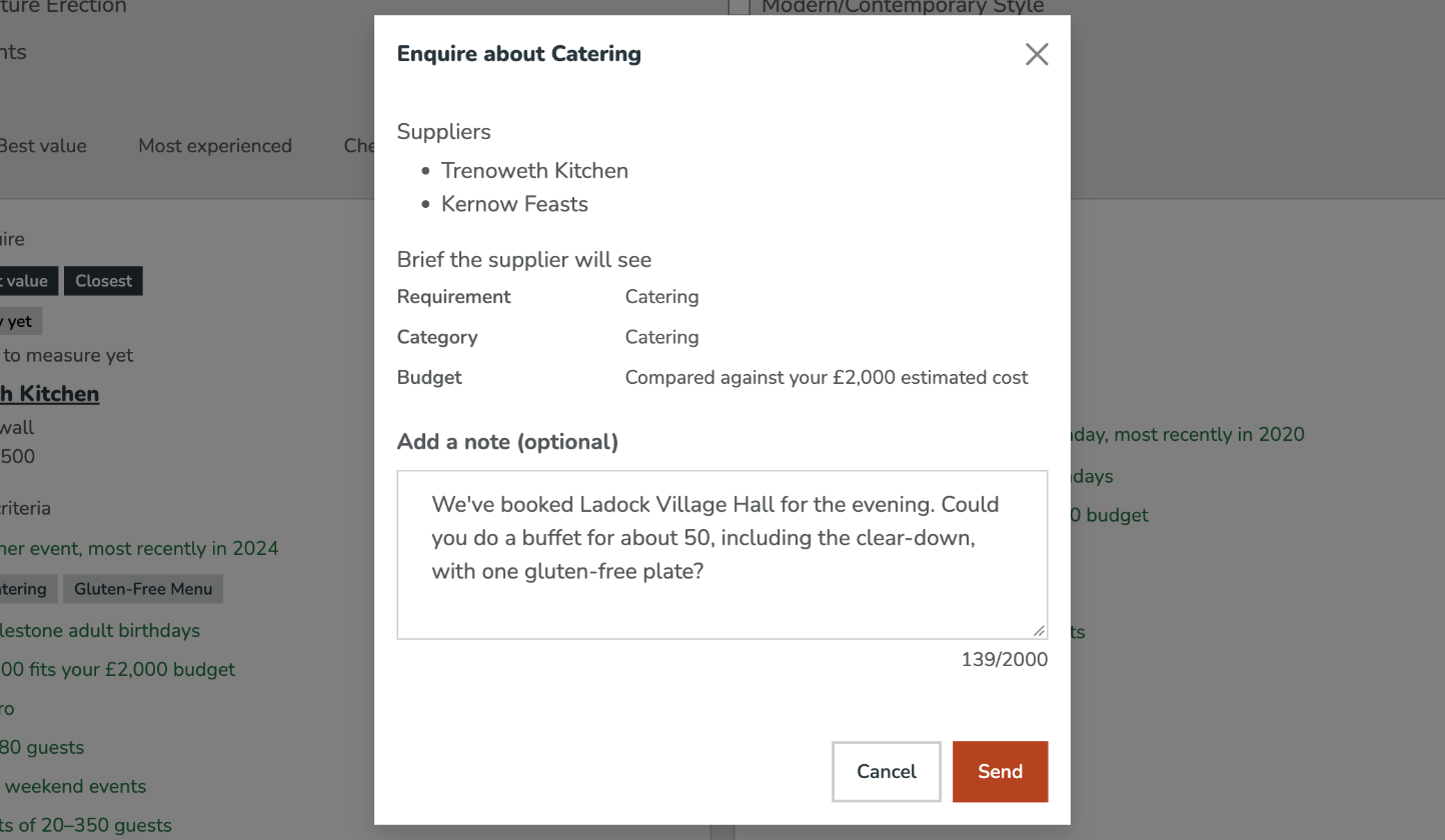 An Enquire about Catering dialog addressed to Trenoweth Kitchen and Kernow Feasts, showing the brief each supplier will see - the catering requirement and the £2,000 estimated cost - and a note asking for a buffet for about 50 with the clear-down and one gluten-free plate.