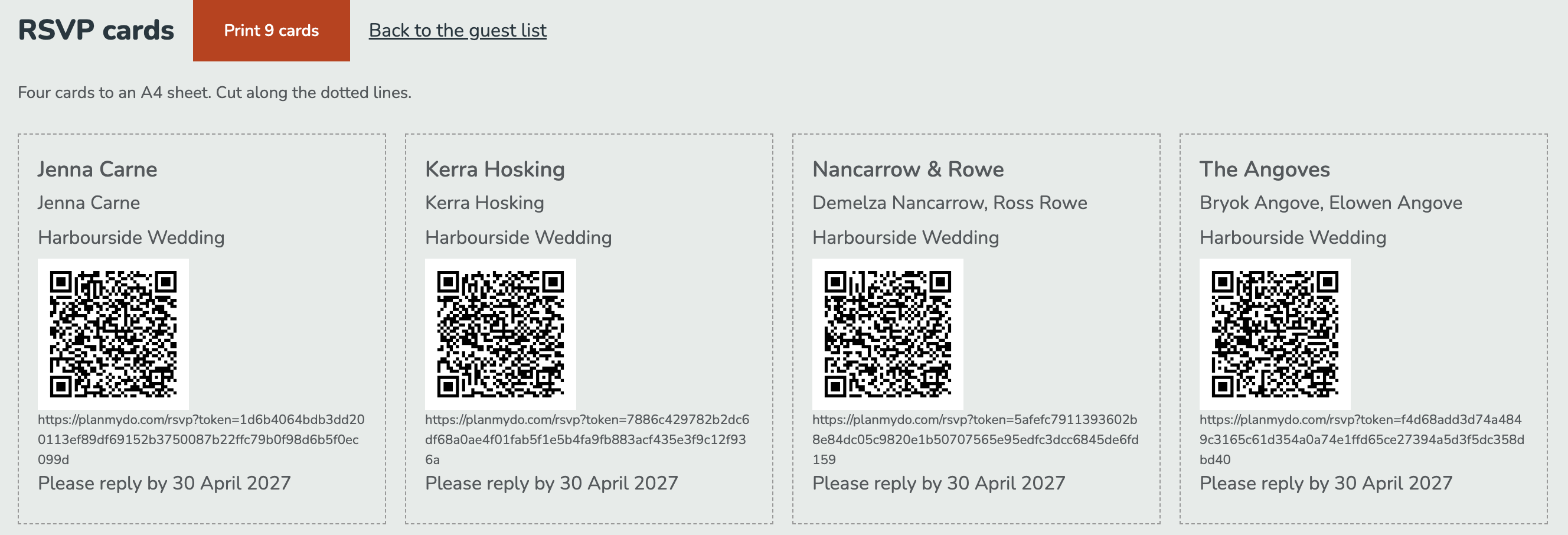 Four RSVP cards ready to print, four to an A4 sheet, for Jenna Carne, Kerra Hosking, Nancarrow & Rowe and The Angoves, each showing the event name, a QR code, a planmydo.com/rsvp link and Please reply by 30 April 2027.