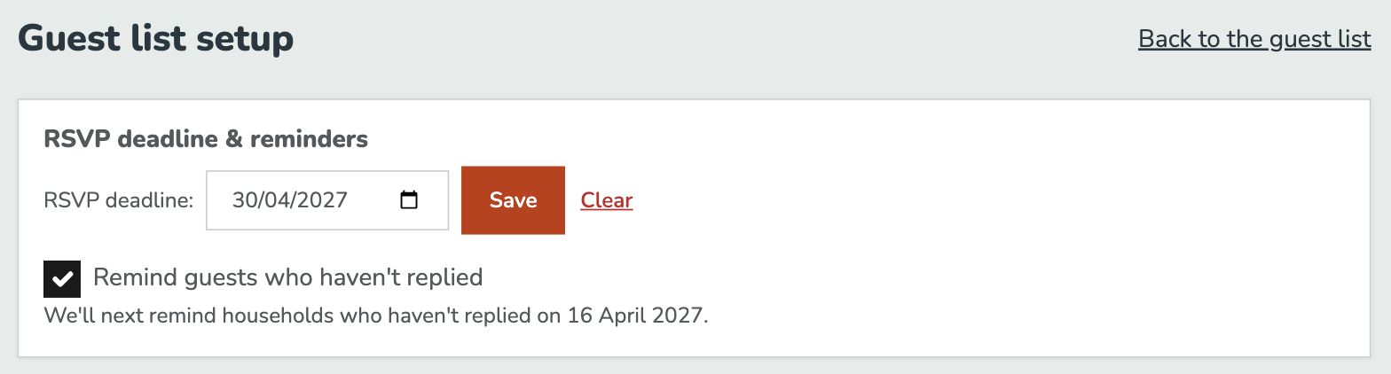 The guest list's RSVP deadline and reminders setting, with the deadline set to 30 April 2027, Remind guests who haven't replied ticked, and a note that households who haven't replied will next be reminded on 16 April 2027.