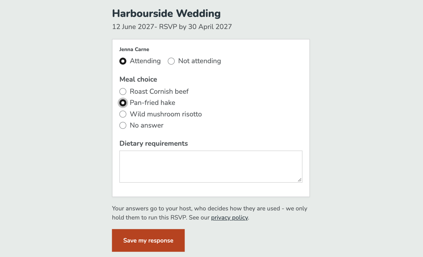 The guest-facing RSVP page for Harbourside Wedding, 12 June 2027, RSVP by 30 April 2027, showing Jenna Carne marked Attending, Pan-fried hake selected from four meal choice options, an empty dietary requirements box and a Save my response button.