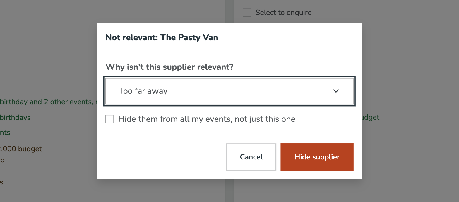 A Not relevant dialog for The Pasty Van asking why it isn't relevant, with Too far away chosen, an unticked option to hide them from all events, and a Hide supplier button.