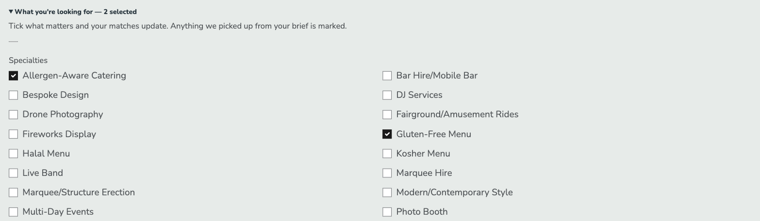 The What you're looking for panel with 2 selected: a grid of specialties where Allergen-Aware Catering and Gluten-Free Menu are ticked, among options such as Halal Menu, Live Band and Photo Booth.