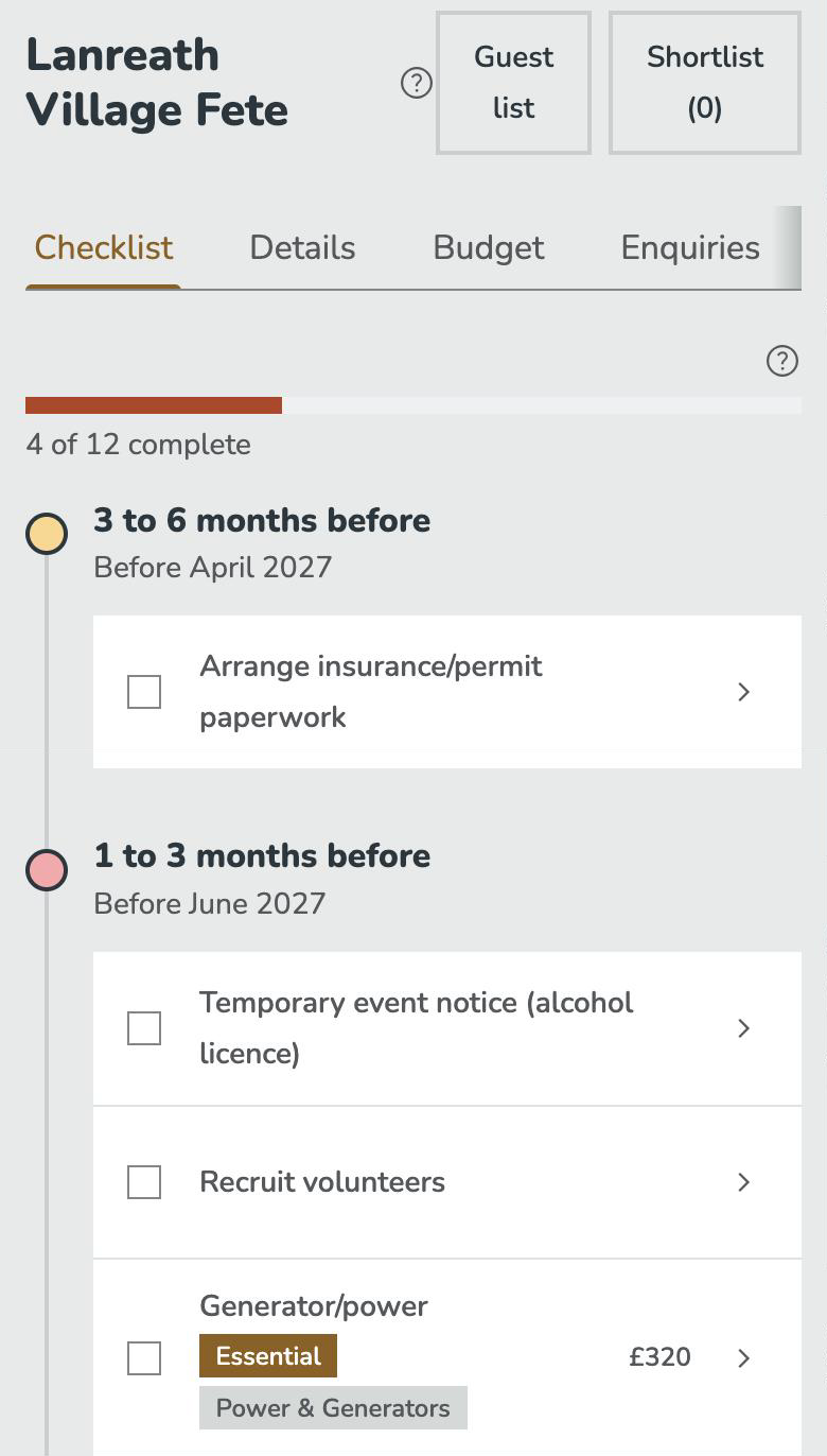 A Plan My Do village fete checklist on a phone, for Lanreath Village Fete, 4 of 12 tasks complete, with insurance and permit paperwork due 3 to 6 months before and a temporary event notice for an alcohol licence, recruiting volunteers, and generator and power at £320 due 1 to 3 months before