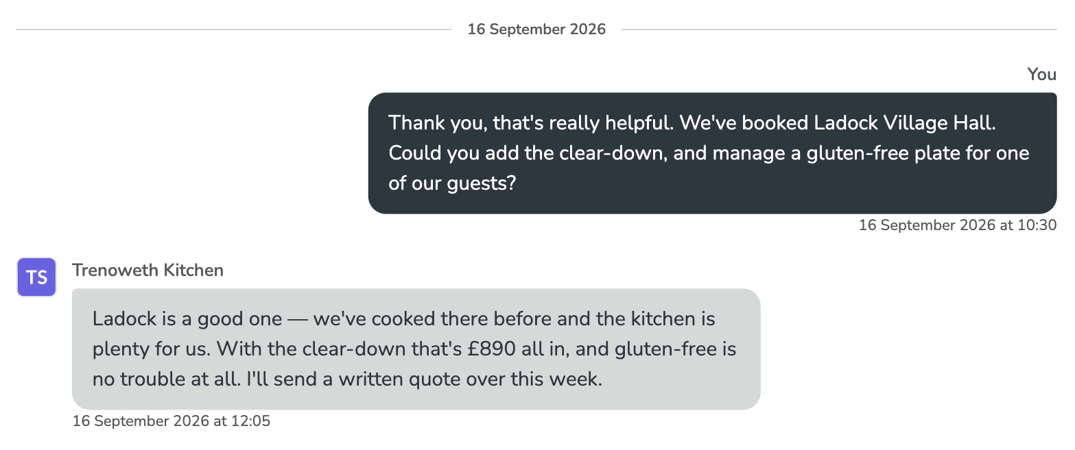 Two messages in one thread: the host asking Trenoweth Kitchen to add the clear-down and a gluten-free plate now Ladock Village Hall is booked, and the supplier's reply putting it at £890 all in with a written quote to follow.