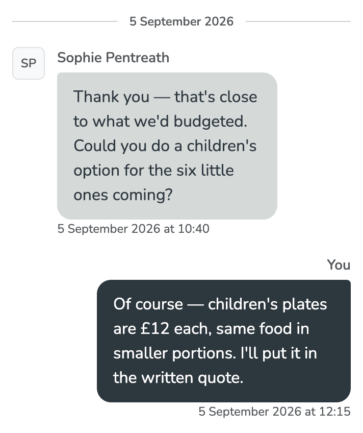 A catering lead's message thread on a phone: the customer asking whether a children's option is possible for the six children coming, and the supplier's reply quoting £12 a child for the same food in smaller portions