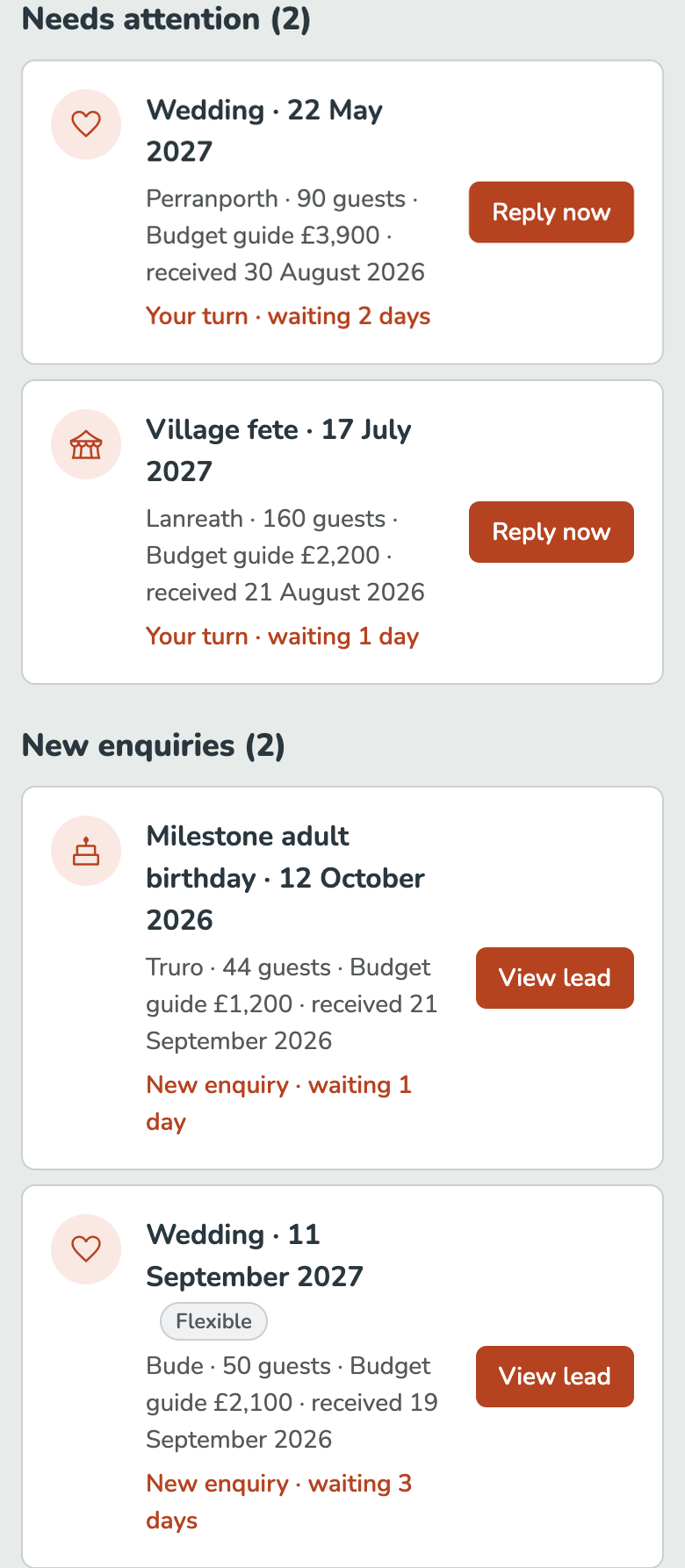 A supplier's leads screen on a phone: five count tiles (Needs attention, New enquiries, Waiting on host, Won, Closed) above a search box, then two wedding and one village fete enquiry needing a reply, and a milestone birthday and a second, flexible-date wedding enquiry newly arrived