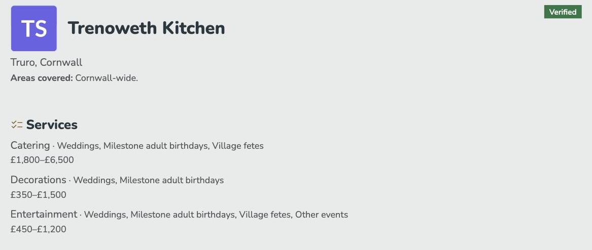 A Plan My Do supplier profile for Trenoweth Kitchen, a Truro events business: a verified badge, a Cornwall-wide service area, and three services with price ranges - catering £1,800 to £6,500, decorations £350 to £1,500 and entertainment £450 to £1,200